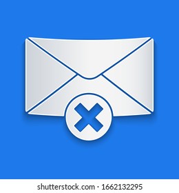 Paper cut Delete envelope icon isolated on blue background. Delete or error letter. Cross on message. Rejected mail. Paper art style. Vector Illustration