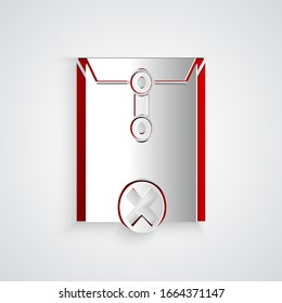Paper cut Delete envelope icon isolated on grey background. Delete or error letter. Cross on message. Rejected mail. Paper art style. Vector Illustration