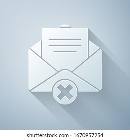 Paper cut Delete envelope icon isolated on grey background. Delete or error letter. Cross on message. Rejected mail. Paper art style. Vector Illustration