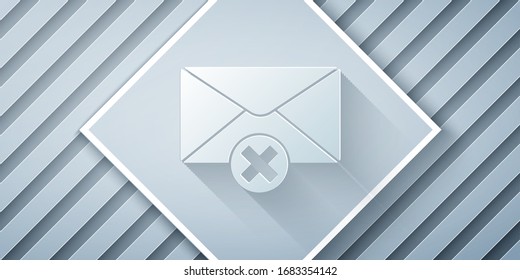 Paper cut Delete envelope icon isolated on grey background. Delete or error letter. Cross on message. Rejected mail. Paper art style. Vector Illustration