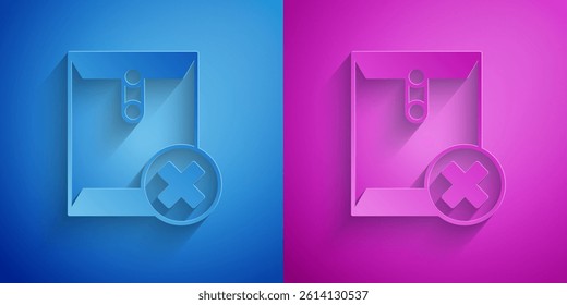 Paper cut Delete envelope icon isolated on blue and purple background. Delete or error letter. Cross on message. Rejected mail. Paper art style. Vector