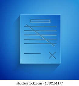 Paper cut Delete file document icon isolated on blue background. Rejected document icon. Cross on paper. Paper art style. Vector Illustration
