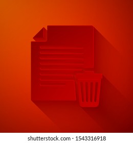Paper cut Delete file document icon isolated on red background. Paper sheet with recycle bin sign. Rejected document icon. Cross on paper. Paper art style. Vector Illustration