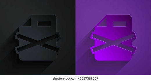 Paper cut Delete file document icon isolated on black on purple background. Rejected document icon. Cross on paper. Paper art style. Vector