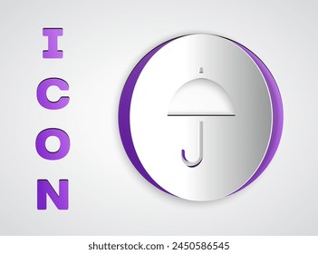 Paper cut Delivery package with umbrella symbol icon isolated on grey background. Parcel cardboard box with umbrella sign. Logistic and delivery. Paper art style. Vector