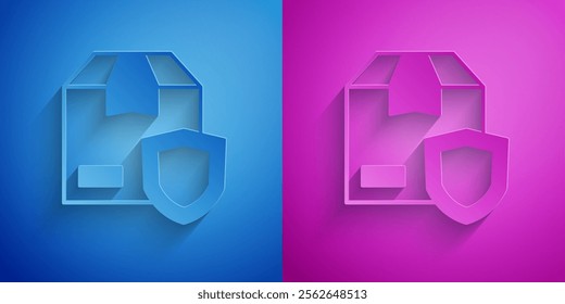 Paper cut Delivery security with shield icon isolated on blue and purple background. Delivery insurance. Insured cardboard boxes beyond the shield. Paper art style. Vector