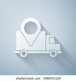 Paper cut Delivery tracking icon isolated on grey background. Parcel tracking. Paper art style. Vector Illustration