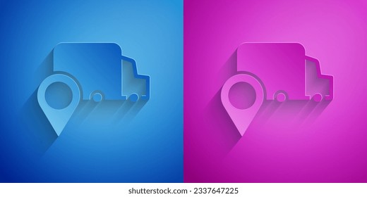 Paper cut Delivery tracking icon isolated on blue and purple background. Parcel tracking. Paper art style. Vector