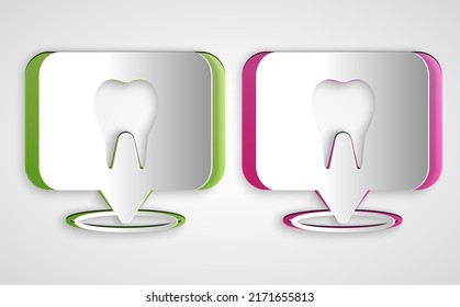 Paper cut Dental clinic location icon isolated on grey background. Paper art style. Vector