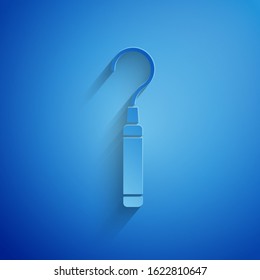 Paper cut Dental explorer scaler for teeth icon isolated on blue background. Paper art style. Vector Illustration