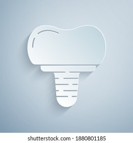 Paper cut Dental implant icon isolated on grey background. Paper art style. Vector.