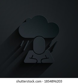 Paper cut Depression and frustration icon isolated on black background. Man in depressive state of mind. Mental health problems. Paper art style. Vector