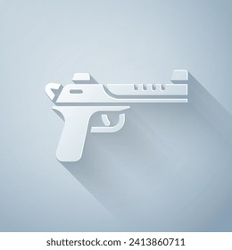 Paper cut Desert eagle gun icon isolated on grey background. Paper art style. Vector