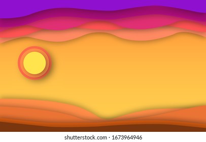 Paper Cut Desert Sunset Abstract Wallpaper Background. Paper Cut In Warm Sun Sand Color. Vector Illustration Eps10