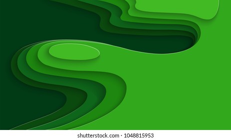 Paper cut design with 3D abstract background for labels, flyers, tickets, posters, presentations, invitations. Shades of green for ecology design and environment. Colorful carving art. Vector.