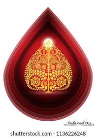 Paper Cut Design Buddha statue in Bodhi tree gold color of thai tradition on red background ,greeting card,illustration vector eps10.