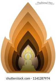 Paper Cut Design Buddha statue golden color of thai tradition on orange shadow background ,greeting card,illustration vector eps10.