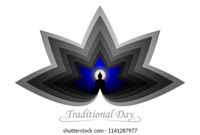 Paper Cut Design Buddha statue black color of thai tradition on blue shadow background ,greeting card,illustration vector eps10.