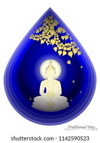 Paper Cut Design Buddha statue golden color of thai tradition on blue background ,greeting card,illustration vector eps10.