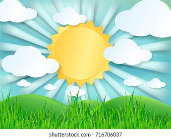 Paper Cut Design With Cloud On Landscape , Blue Sky With Clouds And Sun