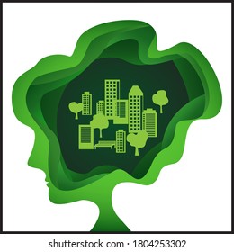 Paper cut design. The concept of an environmentally friendly city. Nature with a woman's face.