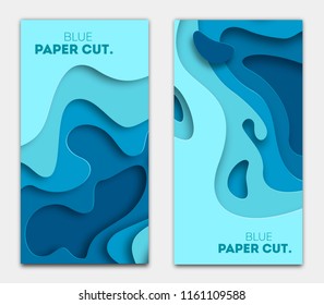 Paper cut design concept for flyers, presentations and posters. Vector abstract carving art. White and blue 3D layered vertical banners. eps 10