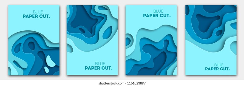 Diseño de corte de papel para volantes, presentaciones y carteles. Carteles verticales de capas 3D blancas y azules. Pasos 10