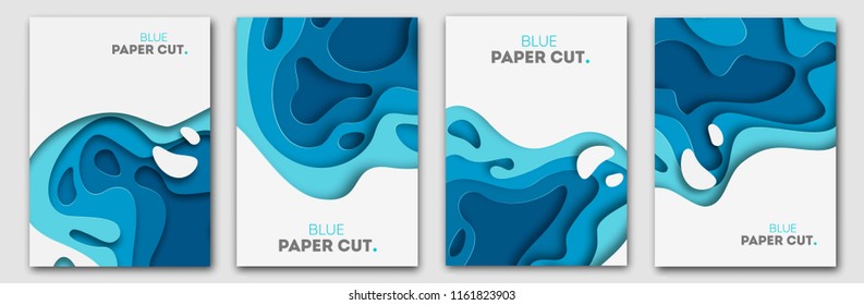Paper cut design concept for flyers, presentations and posters. Vector abstract carving art. White and blue 3D layered vertical banners. eps 10