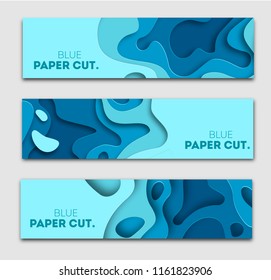 Paper cut design concept for flyers, presentations and posters. Vector abstract carving art. White and blue 3D layered vertical banners. eps 10