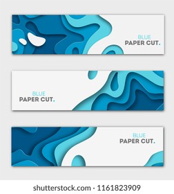 Paper cut design concept for flyers, presentations and posters. Vector abstract carving art. White and blue 3D layered vertical banners. eps 10