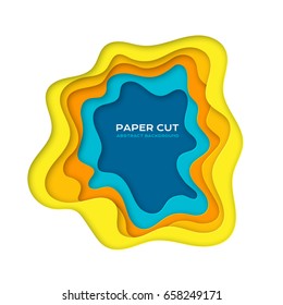 Paper cut design concept for flyers, presentations and posters. Carving art in yellow and blue colors. 3D abstract layered background.