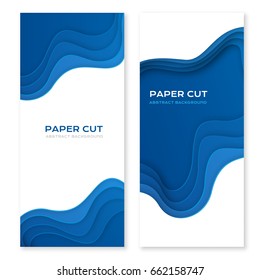 Paper cut design concept for flyers, presentations and posters. Vector abstract carving art. White and blue 3D layered vertical banners.