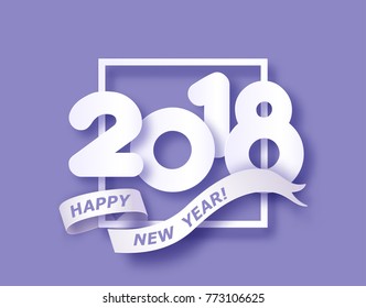 Paper cut design and craft digit 2018. Holiday New year card. Vector illustration