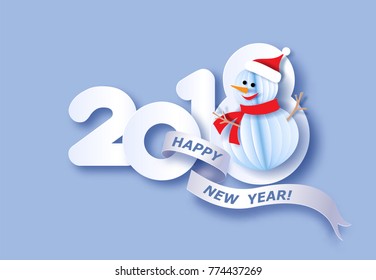 Paper cut design and craft digit 2018 with Snowman. Holiday New year card. Vector illustration
