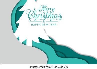 Paper cut design and craft winter landscape with evergreen tree, reindeer, Santa, clouds. Holiday nature and christmas tree. Web banner. Vector illustration. Merry Christmas card. Vector illustration
