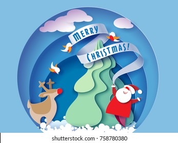 Paper cut design and craft winter landscape with evergreen tree, reindeer, Santa, clouds. Holiday nature and christmas tree. Web banner. Vector illustration. Merry Christmas card. Vector illustration