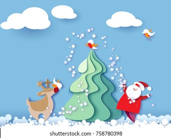 Paper cut design and craft winter landscape with evergreen tree, reindeer, Santa, clouds. Holiday nature and christmas tree. Web banner. Vector illustration. Merry Christmas card. Vector illustration