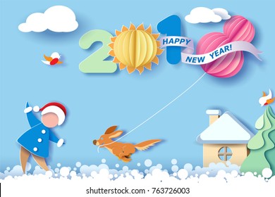 Paper cut design and craft winter landscape with christmas tree, birds, dog and digit 2018. Holiday New year and Merry Christmas card. Vector illustration