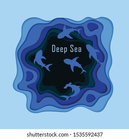 Paper cut design. Deep blue sea and ocean world. Vector illustration