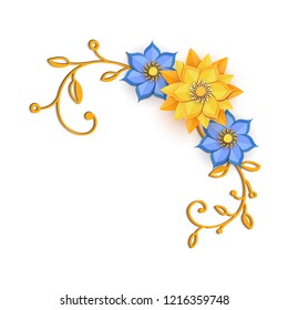 Paper cut design with flower composition. Beautiful background with paper flowers and leaves in yellow and blue colour. Element of frame for floral greeting card. Vector illustration.