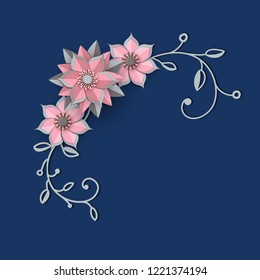 Paper cut design with flower composition. Beautiful angle background with fantasy floral decorations and leaves in gray and pink colour. Element of frame for floral greeting card. Vector illustration.
