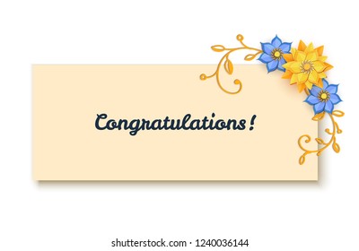 Paper cut design with flower composition on sheet. Beautiful background with paper fantasy floral decorations in yellow and blue colour. Element of frame for floral greeting card. Vector illustration