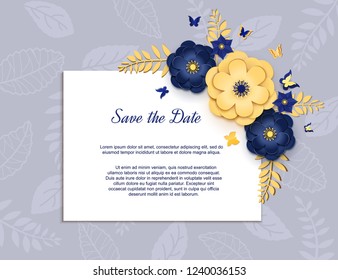 Paper cut design with flower composition on sheet. Beautiful background with paper fantasy floral decorations in blue and gold colour. Template greeting flyer, save the date card. Vector illustration