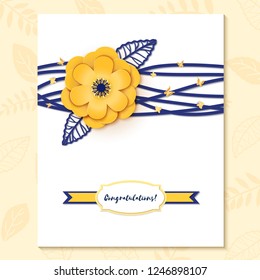 Paper cut design with flower composition on sheet. Beautiful background with paper fantasy floral decorations in blue and gold colour. Template greeting flyer, save the date card. Vector illustration