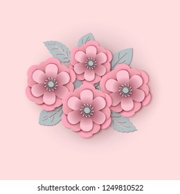 Paper cut design with flower composition. Beautiful pink background with fantasy floral decorations and leaves in gray and pink colour. Element of frame for floral greeting card. Vector illustration.