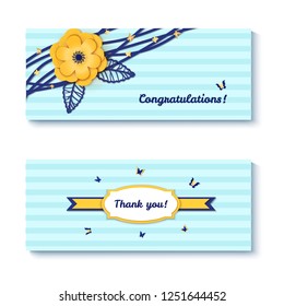Paper cut design with flower composition on striped blue background. Beautiful card with paper fantasy floral decorations in blue and gold colour. Template greeting flyer, Vector illustration