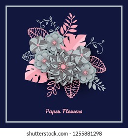 Paper cut design with flower composition. Dark blue background with fantasy floral decorations and leaves in gray and pink colour. Element for frame or floral greeting card. Vector illustration