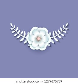 Paper cut design with flower composition. Beautiful background with fantasy floral decorations and leaves in white and grayscale color. Element of frame for wedding greeting card. Vector illustration.