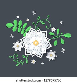 Paper cut design with flower composition. Beautiful background with fantasy floral decorations and leaves in white and green color. Element of frame for wedding greeting card. Vector illustration