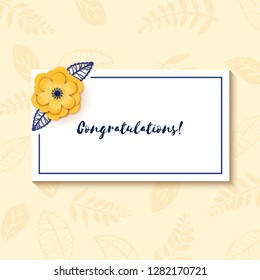 Paper cut design with flower composition on sheet. Beautiful background with paper fantasy floral decorations in blue and gold colour. Template greeting flyer, save the date card, Vector illustration.
